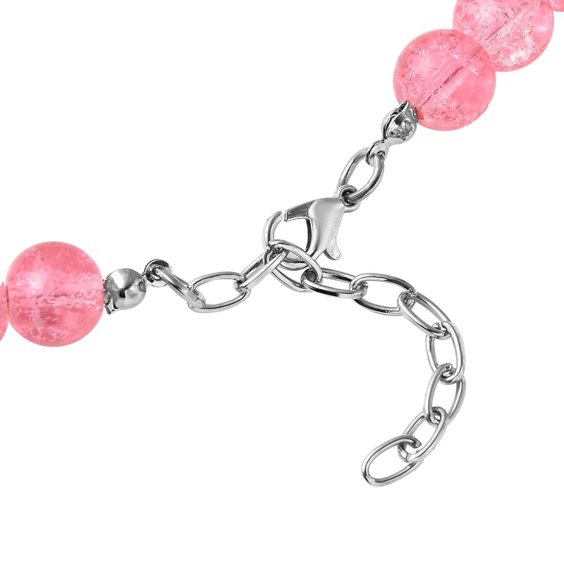 Simulated Pink Sapphire and Austrian Crystal Beaded Necklace 20-22 Inches in Silvertone