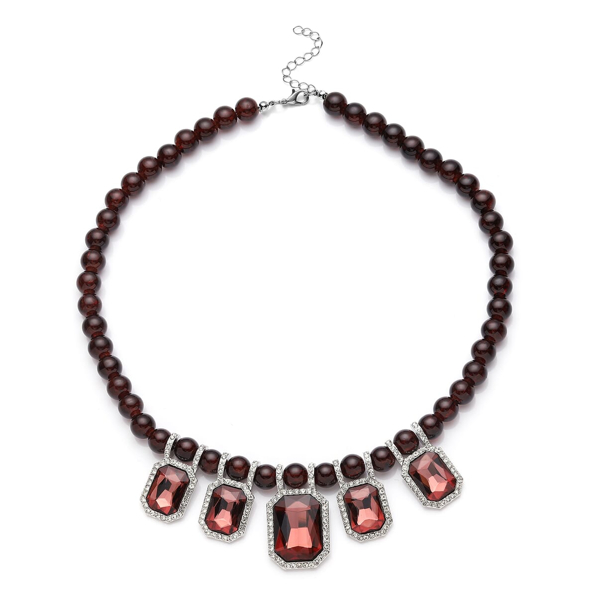 Simulated Burgundy Sapphire and Austrian Crystal Beaded Necklace 20-22 Inches in Silvertone image number 0