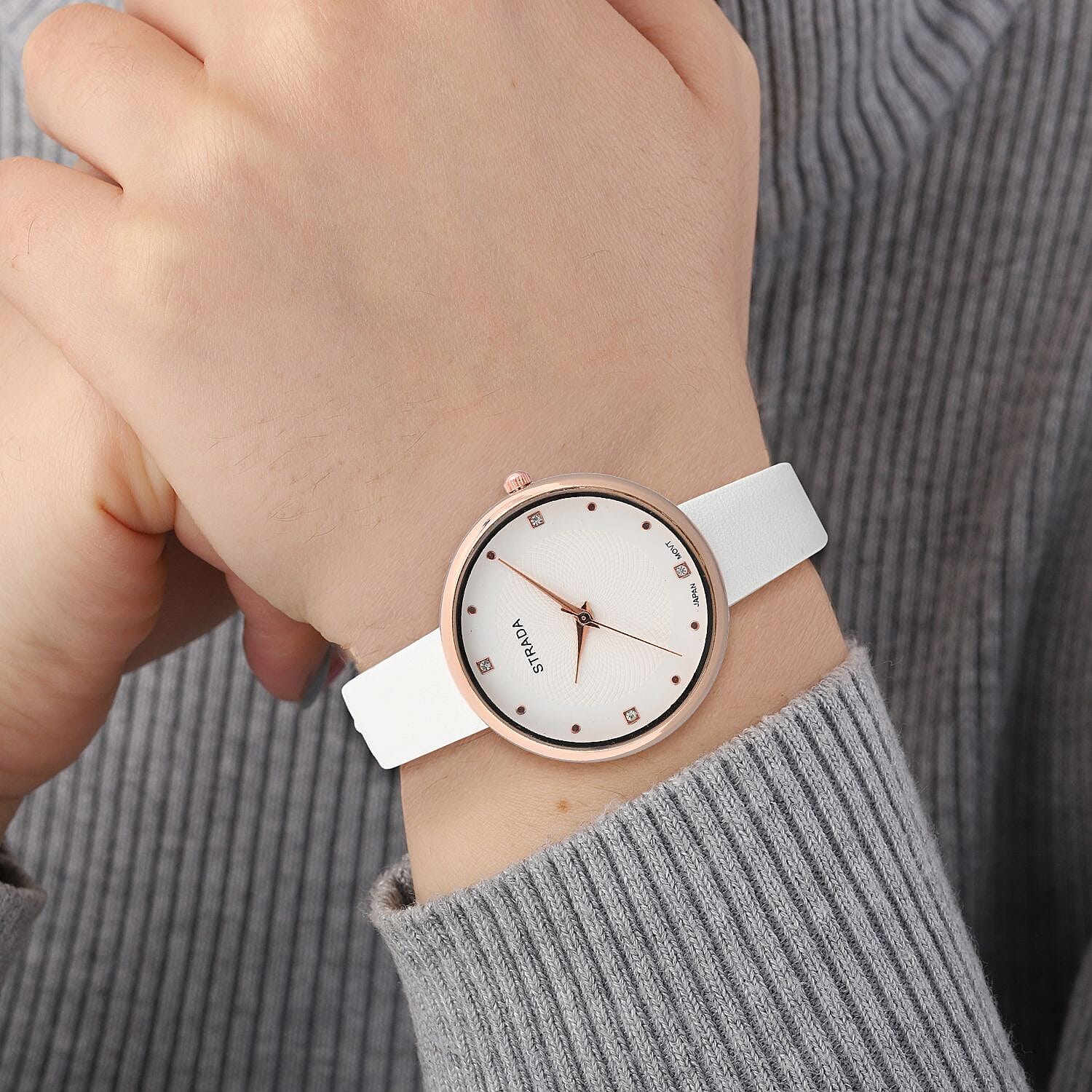 Strada Japanese Movement White Austrian Crystal Watch in White Faux Leather Strap (36 mm) (6.25-7.75 Inches)