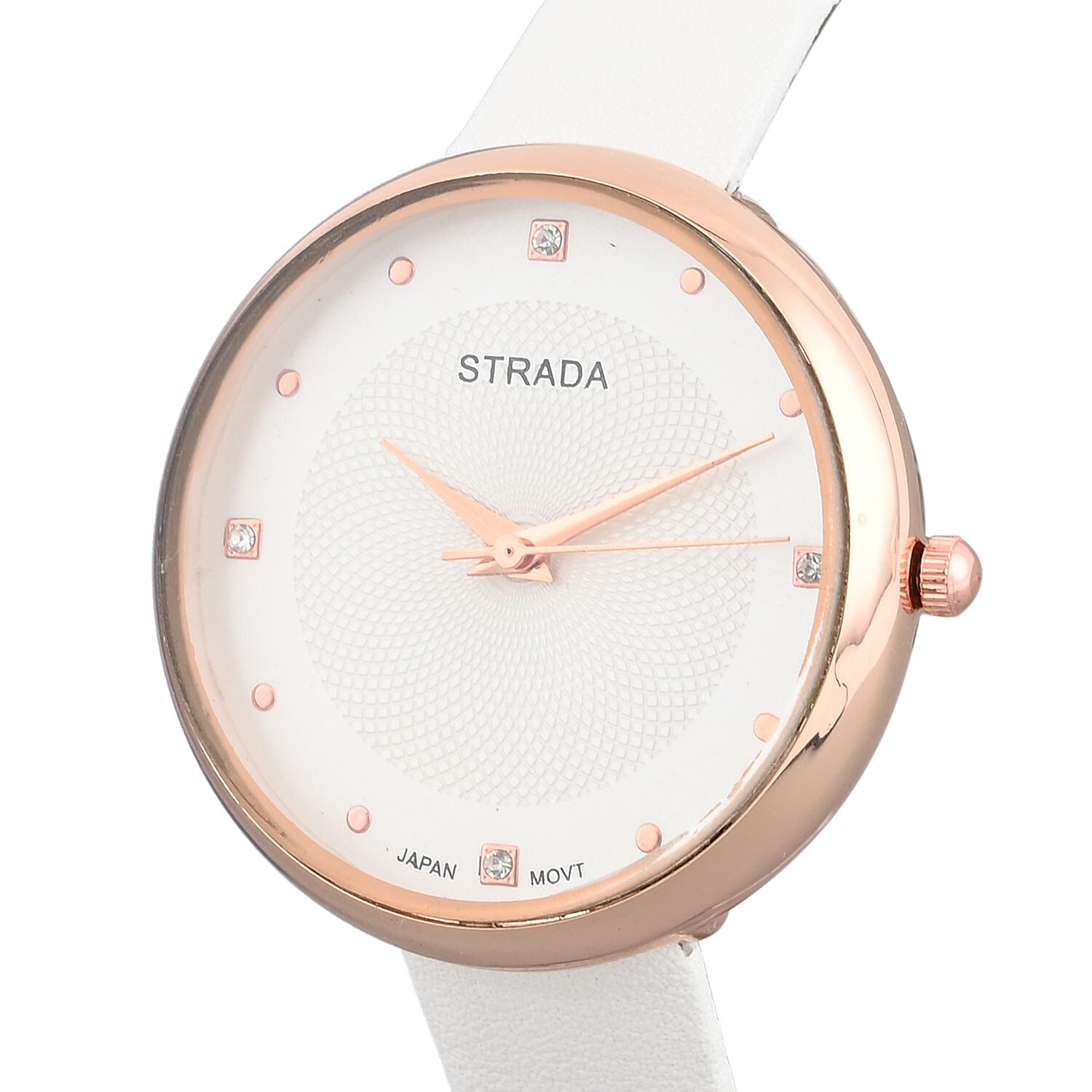 Strada Japanese Movement White Austrian Crystal Watch in White Faux Leather Strap (36 mm) (6.25-7.75 Inches)