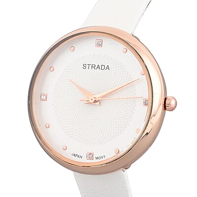 Strada Japanese Movement White Austrian Crystal Watch in White Faux Leather Strap (36 mm) (6.25-7.75 Inches)