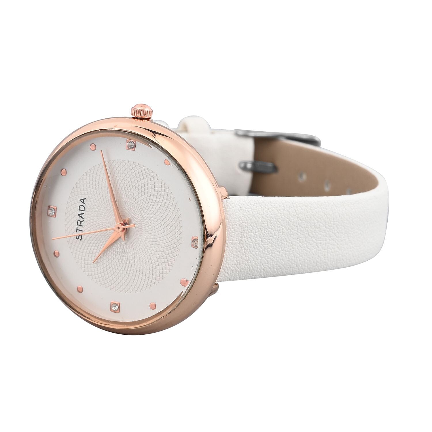 Strada Japanese Movement White Austrian Crystal Watch in White Faux Leather Strap (36 mm) (6.25-7.75 Inches)