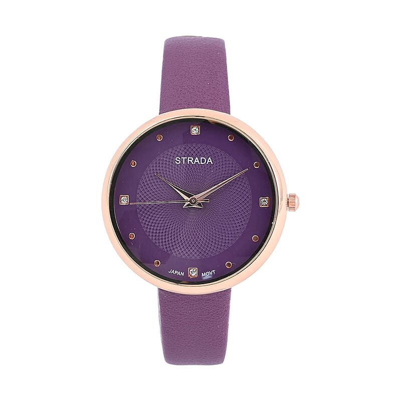 Strada Japanese Movement White Austrian Crystal Watch in Purple Faux Leather Strap (36 mm) (6.25-7.75 Inches)