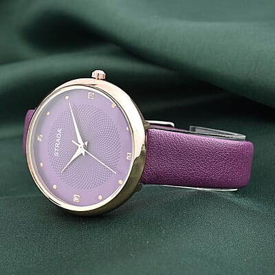 Strada Japanese Movement White Austrian Crystal Watch in Purple Faux Leather Strap (36 mm) (6.25-7.75 Inches)