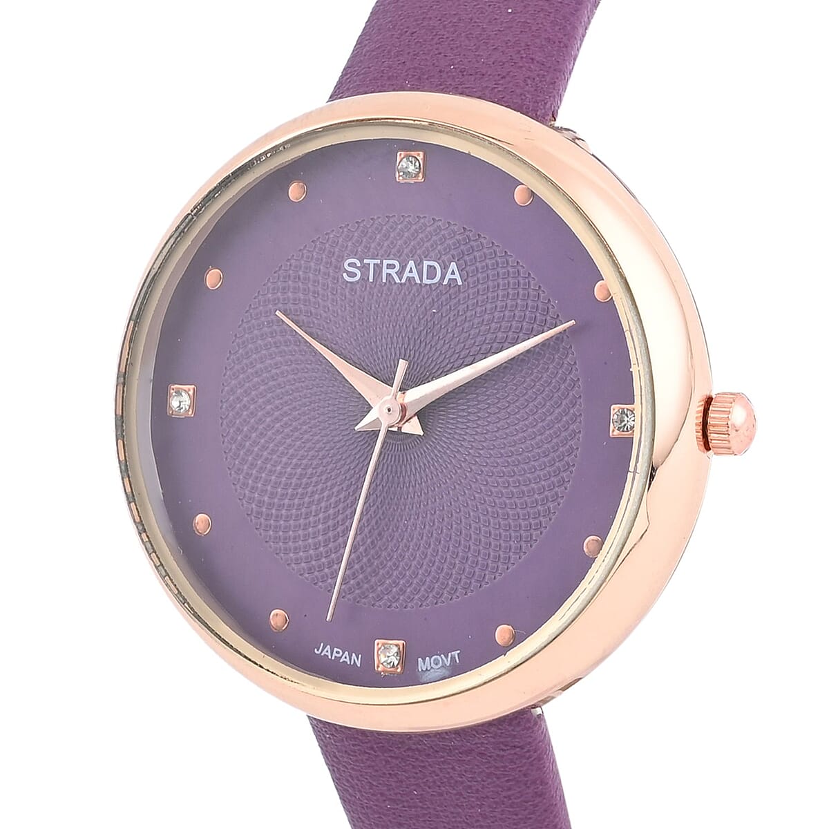 Strada Japanese Movement White Austrian Crystal Watch in Purple Faux Leather Strap (36 mm) (6.25-7.75 Inches) image number 3
