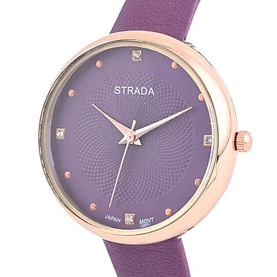 Strada Japanese Movement White Austrian Crystal Watch in Purple Faux Leather Strap (36 mm) (6.25-7.75 Inches)