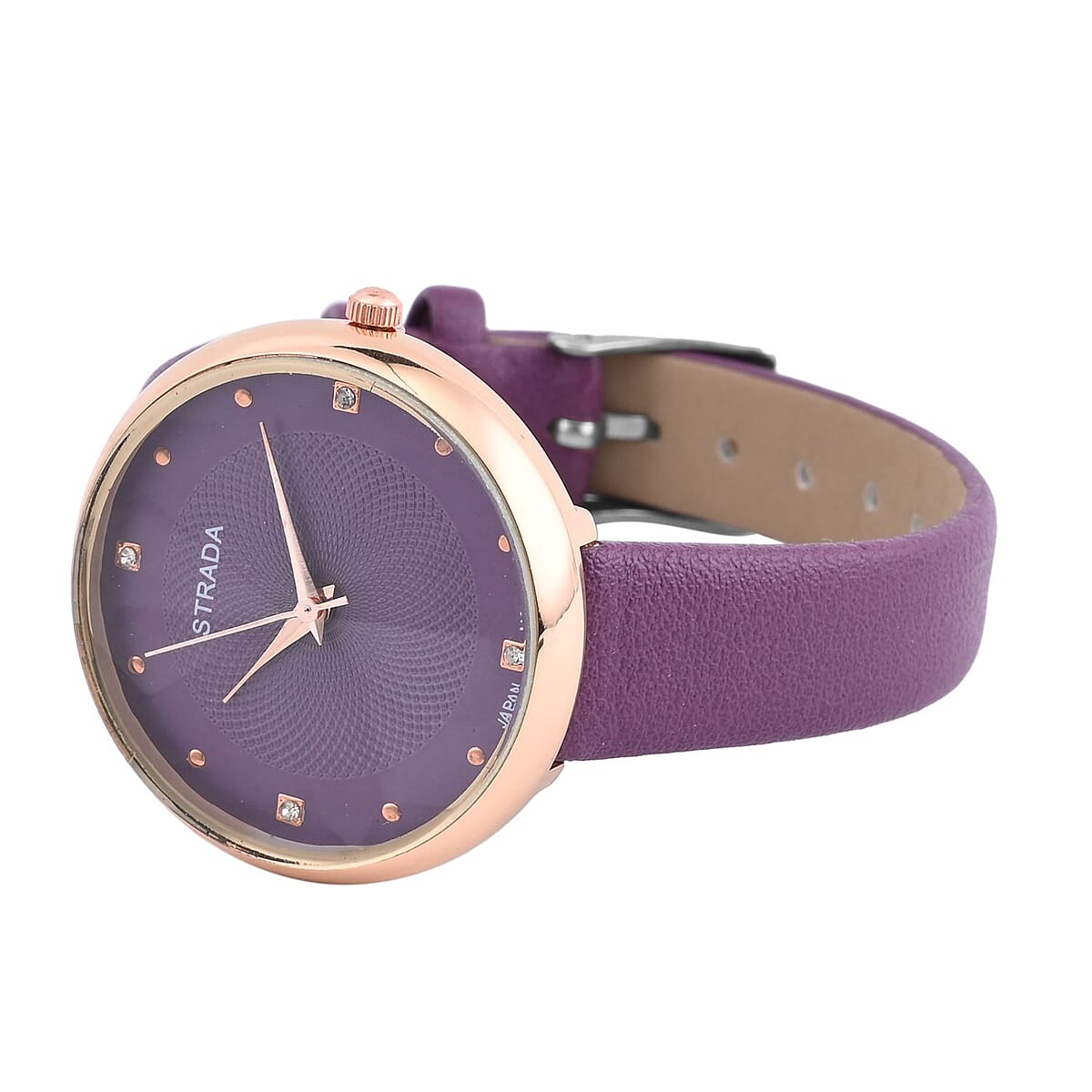 Strada Japanese Movement White Austrian Crystal Watch in Purple Faux Leather Strap (36 mm) (6.25-7.75 Inches) image number 4