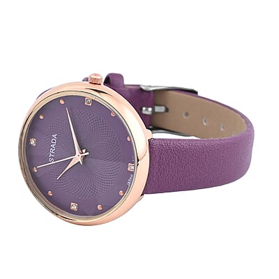 Strada Japanese Movement White Austrian Crystal Watch in Purple Faux Leather Strap (36 mm) (6.25-7.75 Inches)