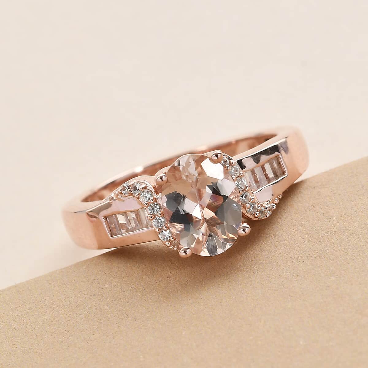 Marropino Morganite, Natural White Zircon Ring in Vermeil RG Over Sterling Silver (Size 10.0) 1.25 ctw image number 1