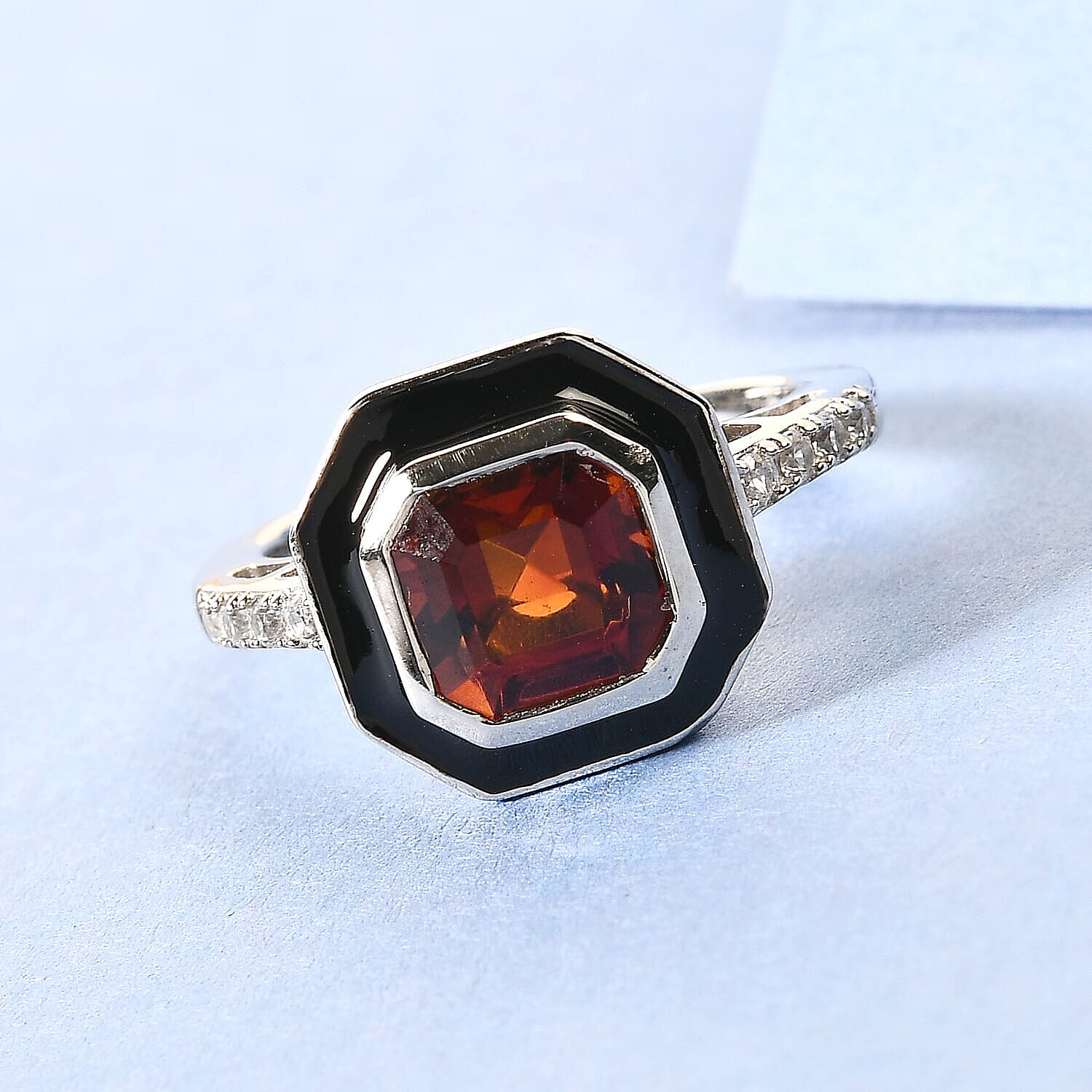Brazilian Cherry Citrine and Natural White Zircon Enameled Ring in Platinum Over Sterling Silver (Size 10.0) 1.85 ctw