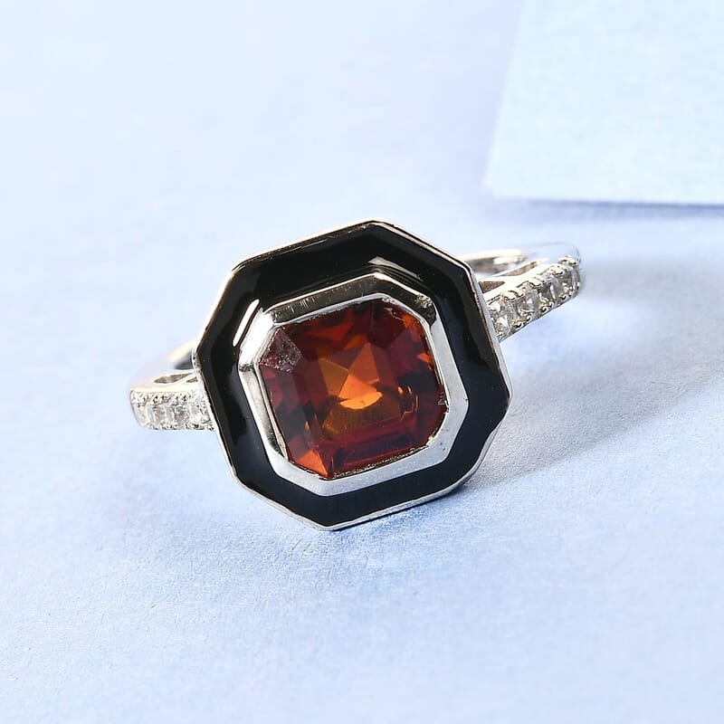 Brazilian Cherry Citrine and Natural White Zircon Enameled Ring in Platinum Over Sterling Silver (Size 10.0) 1.85 ctw