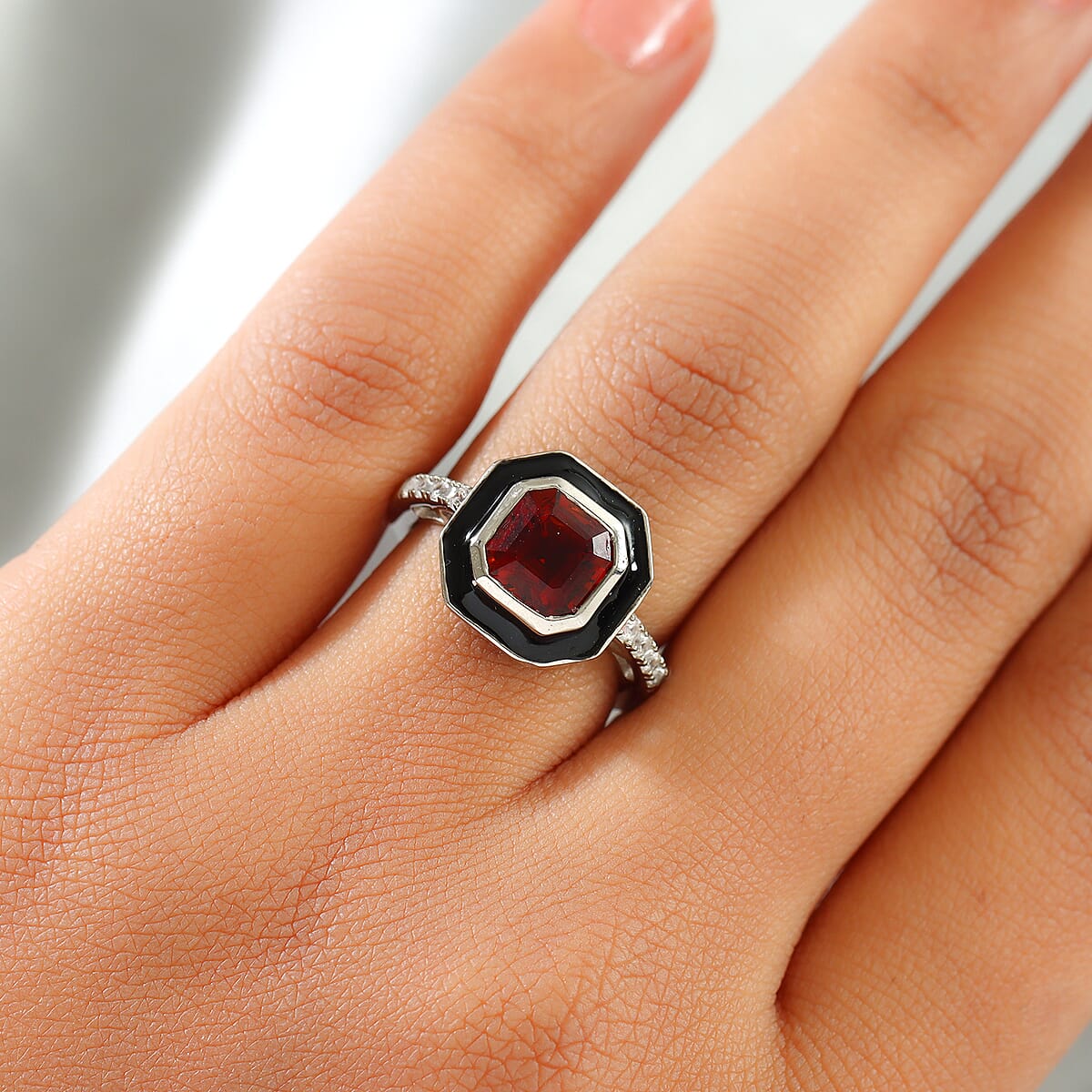 Brazilian Cherry Citrine and Natural White Zircon Enameled Ring in Platinum Over Sterling Silver (Size 6.0) 1.85 ctw image number 2