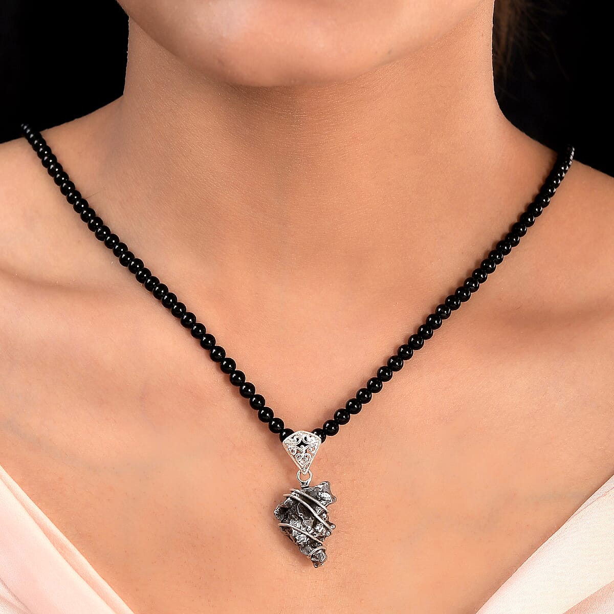 Marvelous Meteorites and Thai Black Spinel 111.90 ctw Necklace in Sterling Silver 20 Inches  image number 1