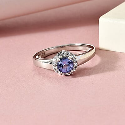 Tanzanite and Zircon 0.70 ctw Ring in Platinum Over Sterling Silver (Size 10.0)