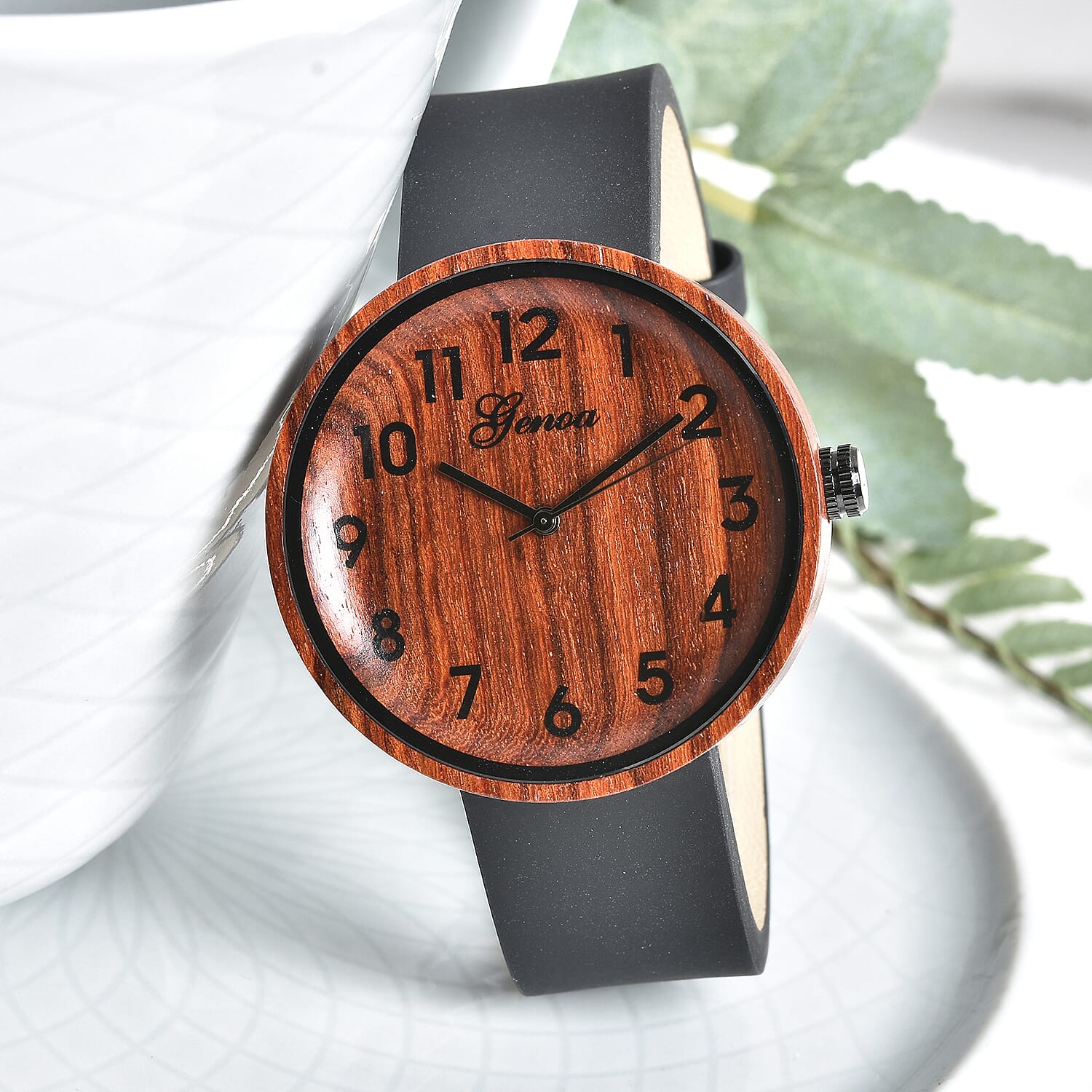 Genoa Miyota Japanese Movement Red Sandalwood Watch with Black Leather Strap