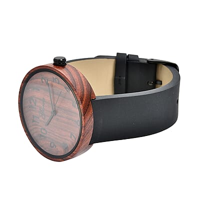 Genoa Miyota Japanese Movement Red Sandalwood Watch with Black Leather Strap