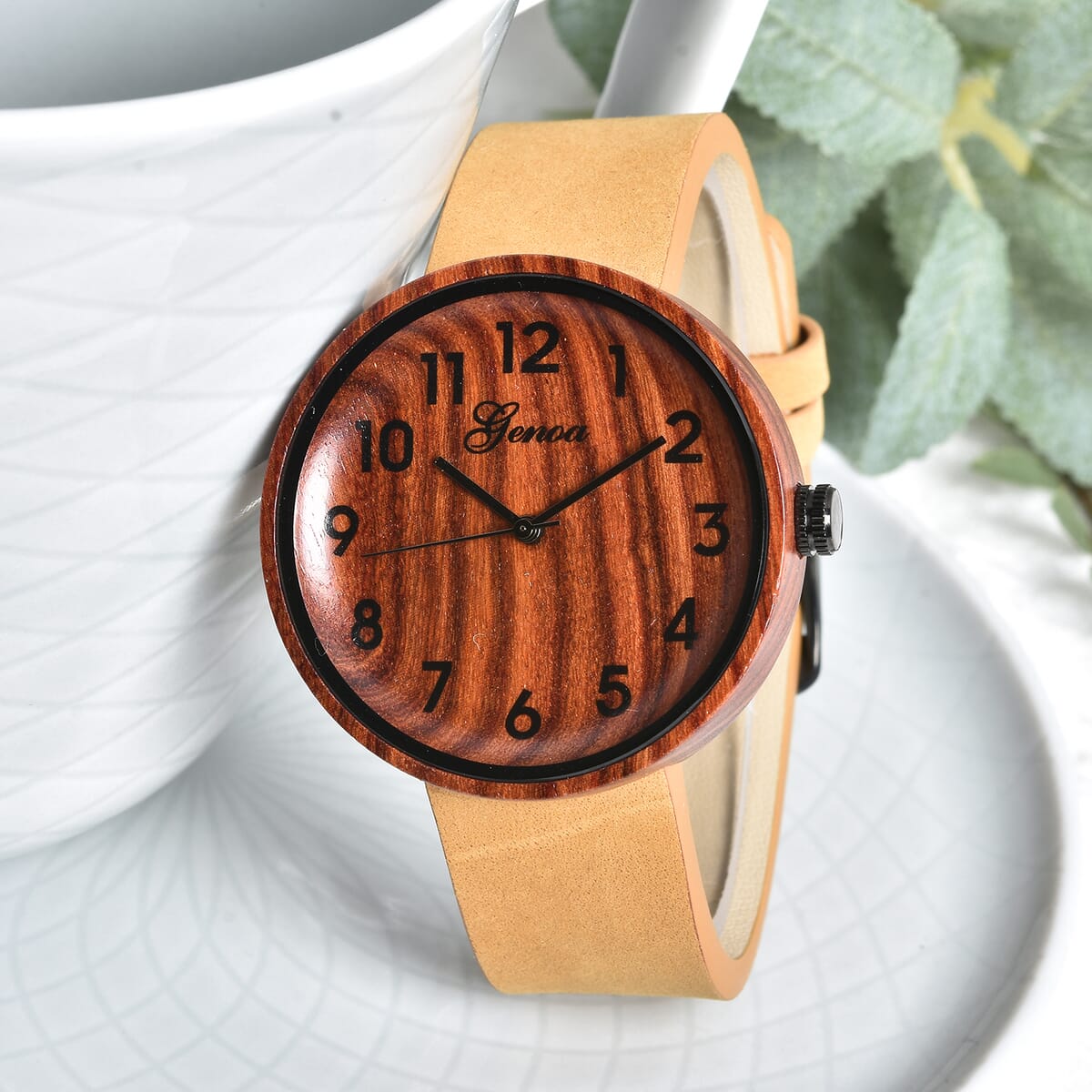 Genoa Miyota Japanese Movement Red Sandalwood Watch with Brown Leather Strap image number 1