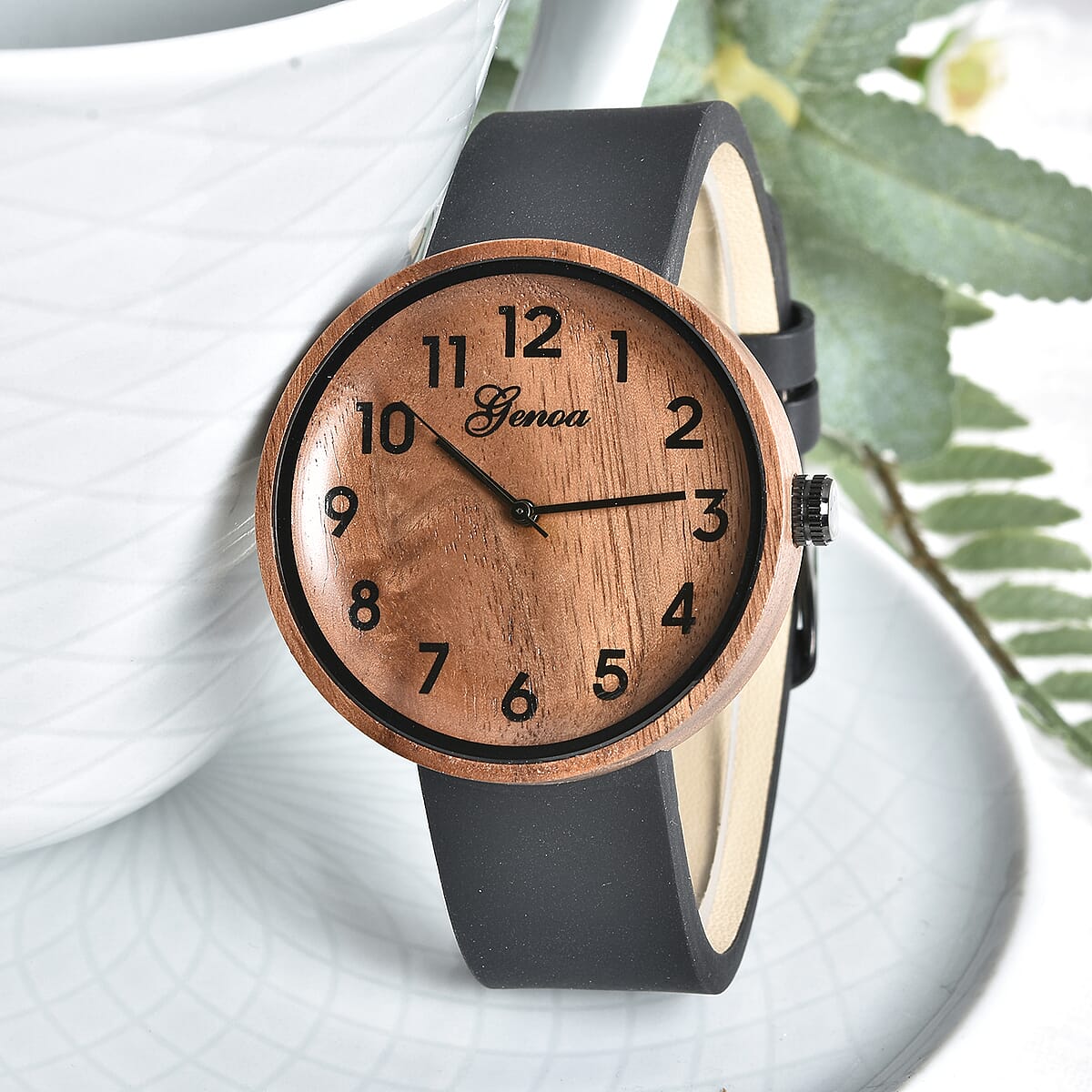 Genoa Miyota Japanese Movement Red Sandalwood Watch with Black Leather Strap image number 1