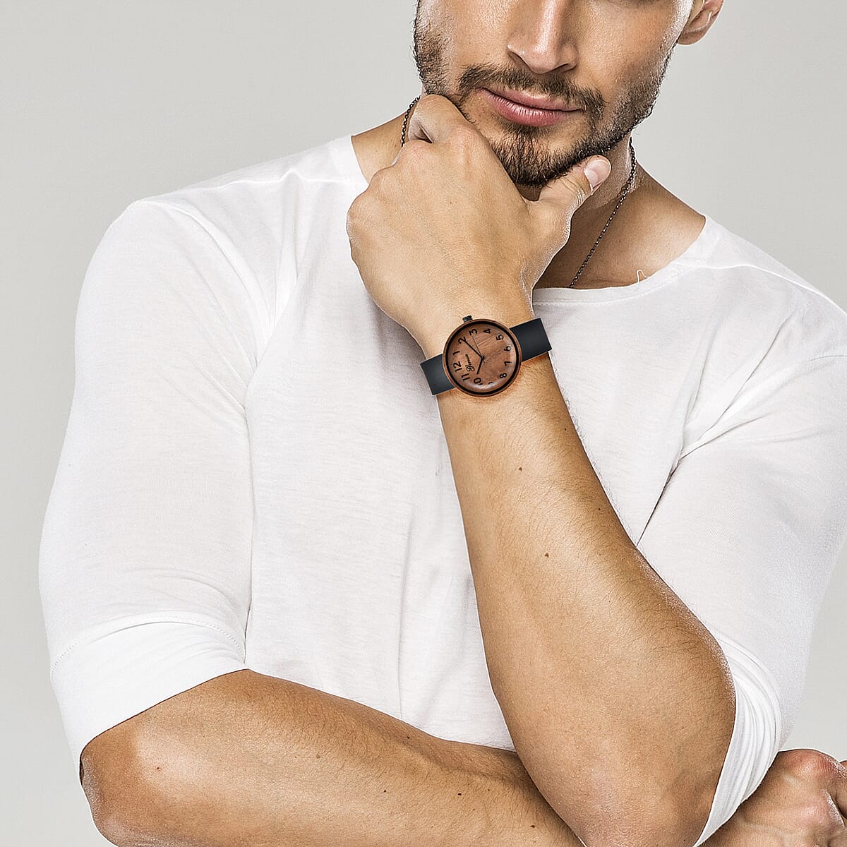 Genoa Miyota Japanese Movement Red Sandalwood Watch with Black Leather Strap image number 2