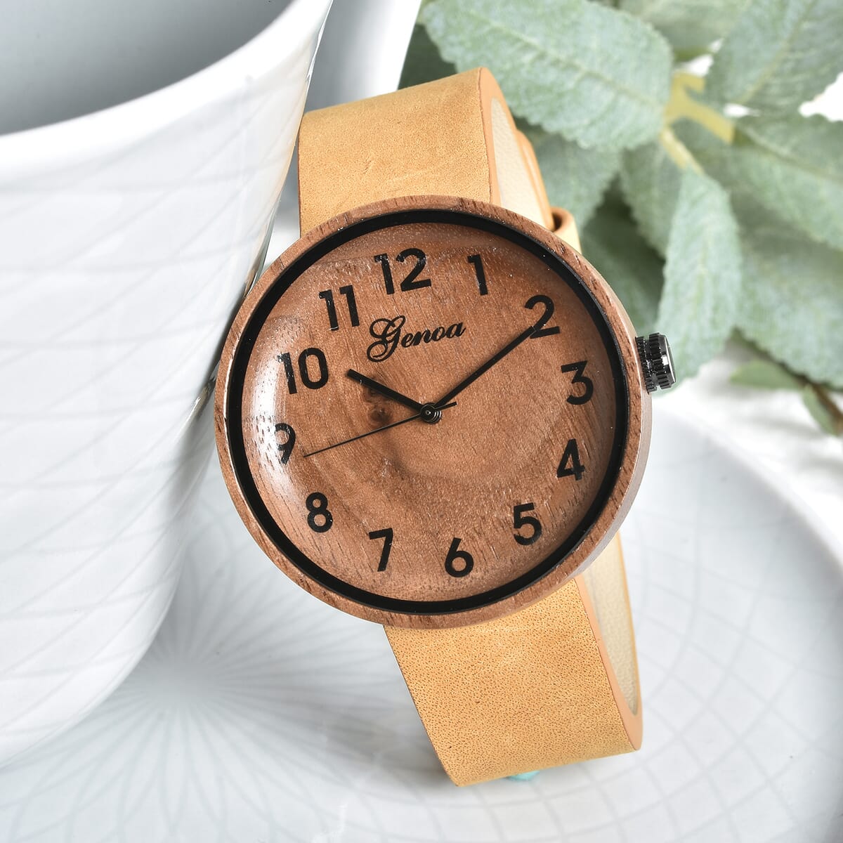 Genoa Miyota Japanese Movement Walnut Watch with Brown Leather Strap image number 1