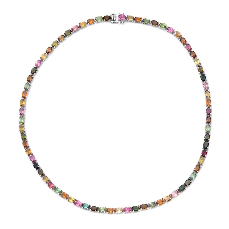 AAA Multi-Tourmaline Tennis Necklace 18 Inches in Platinum Over Sterling Silver 30.50 ctw