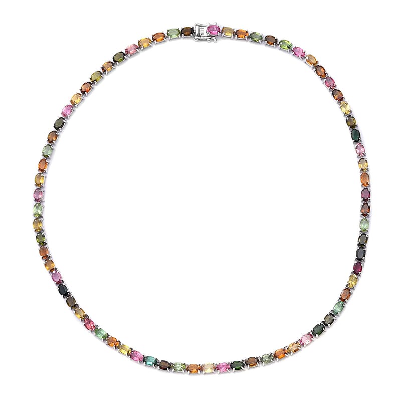 AAA Multi-Tourmaline Tennis Necklace 18 Inches in Platinum Over Sterling Silver 30.50 ctw