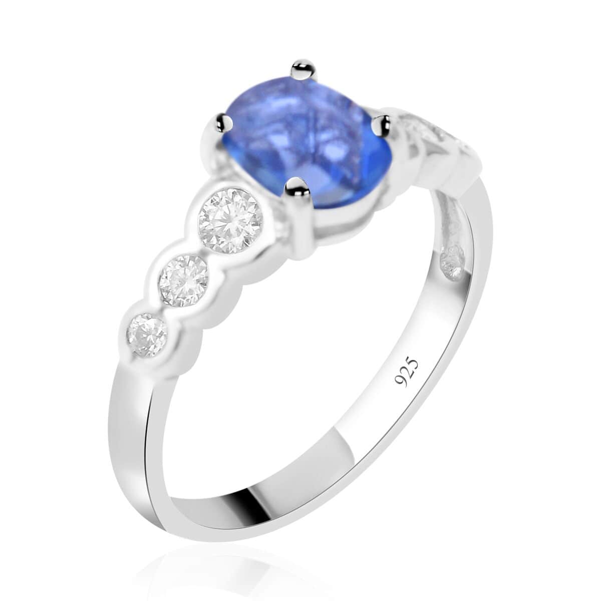 Madagascar Blue Sapphire and Moissanite Ring in Platinum Over Sterling Silver (Size 7.0) 1.40 ctw image number 2