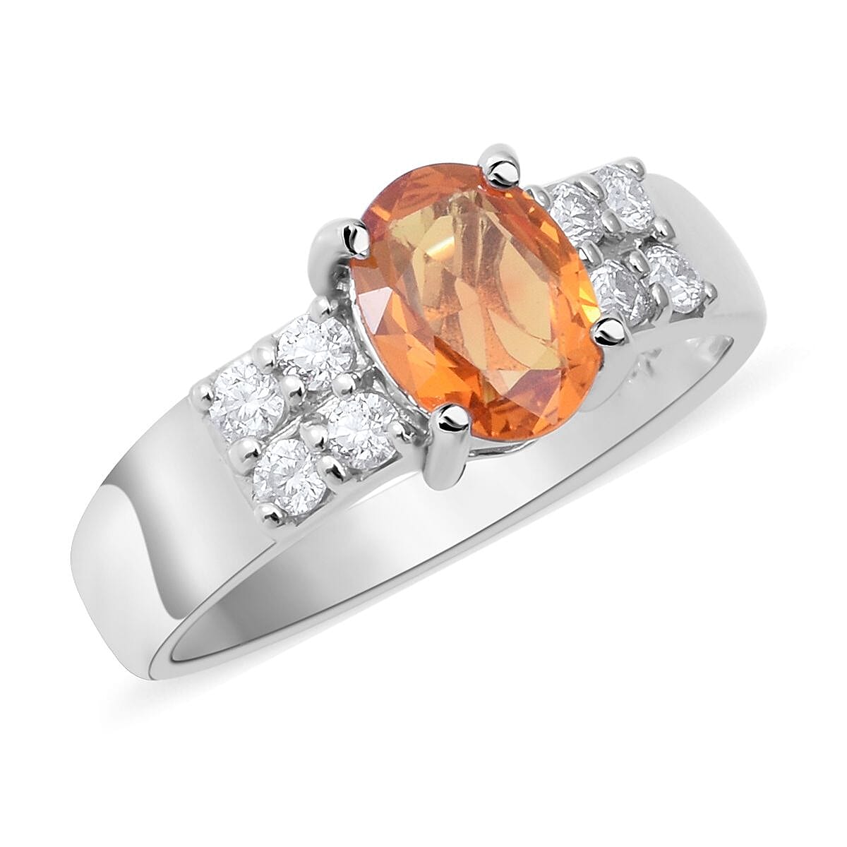 Orange Sapphire and Moissanite VS-EF Ring in Platinum Over Sterling Silver (Size 5.0) 1.40 ctw