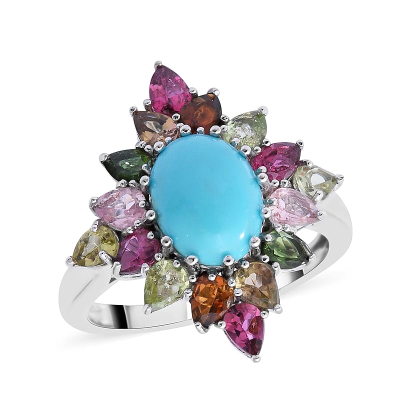 Premium Sleeping Beauty Turquoise and Multi-Tourmaline Floral Ring in Platinum Over Sterling Silver (Size 10.0) 4.65 ctw