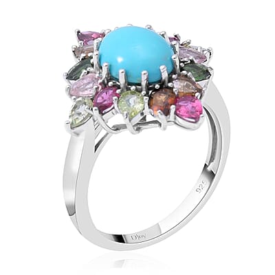 Premium Sleeping Beauty Turquoise and Multi-Tourmaline Floral Ring in Platinum Over Sterling Silver (Size 10.0) 4.65 ctw