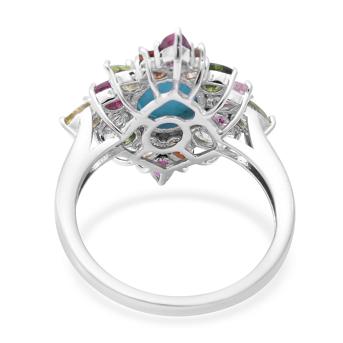 Premium AMERICAN Natural Sleeping Beauty Turquoise, Multi-Tourmaline Floral Ring in Platinum Over Sterling Silver (Size 10.0) 4.65 Carat Total Weight image number 3