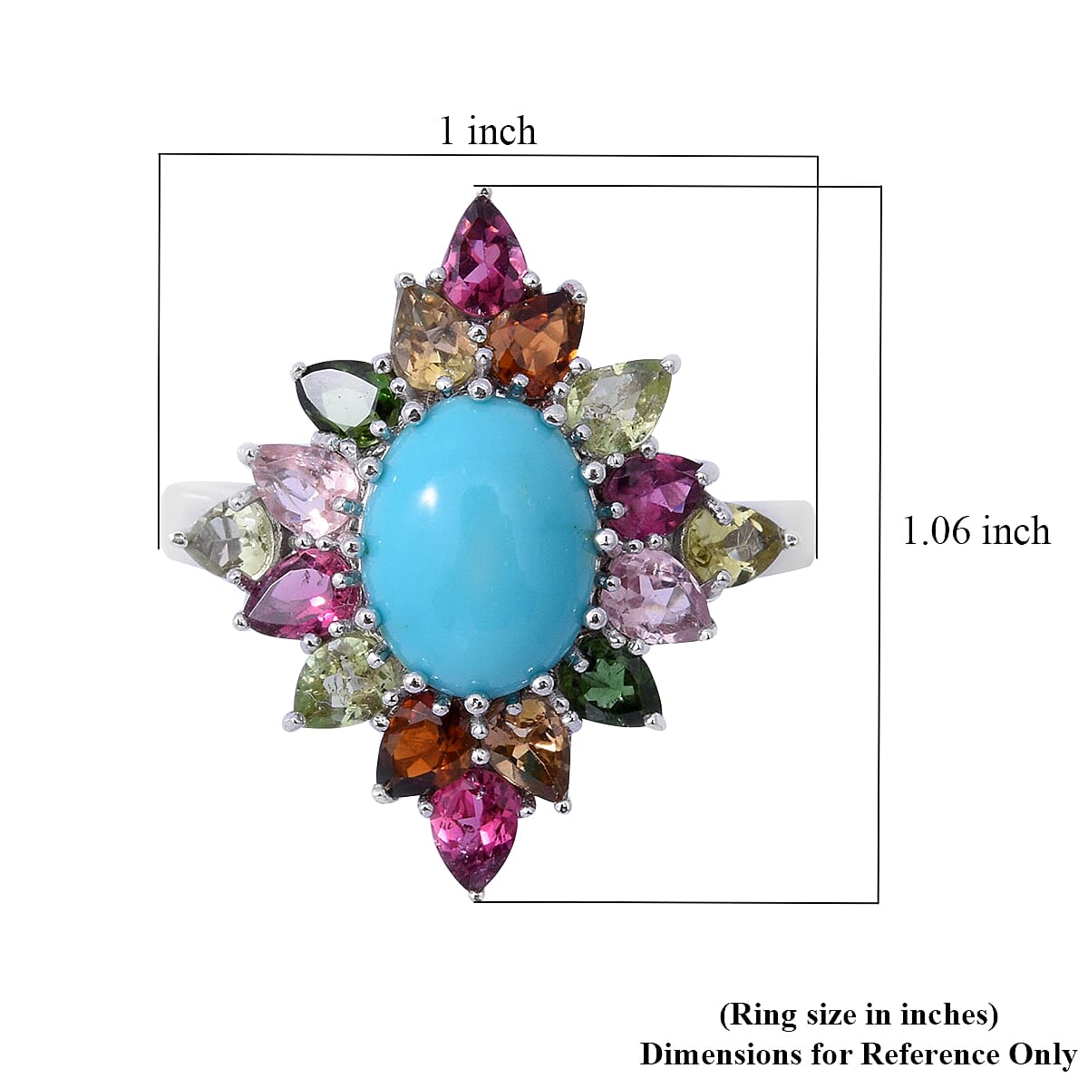 Premium Sleeping Beauty Turquoise and Multi-Tourmaline Floral Ring in Platinum Over Sterling Silver (Size 10.0) 4.65 ctw