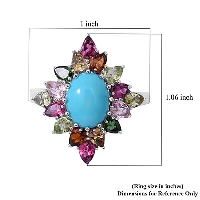 Premium Sleeping Beauty Turquoise and Multi-Tourmaline Floral Ring in Platinum Over Sterling Silver (Size 10.0) 4.65 ctw