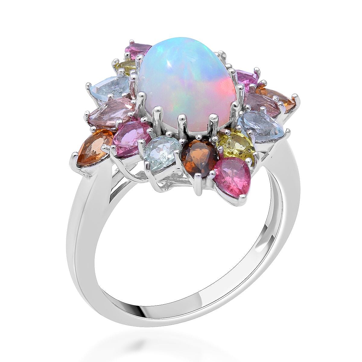 Premium Ethiopian Welo Opal and Multi-Tourmaline Floral Ring in Platinum Over Sterling Silver (Size 6.0) 4.15 ctw image number 2