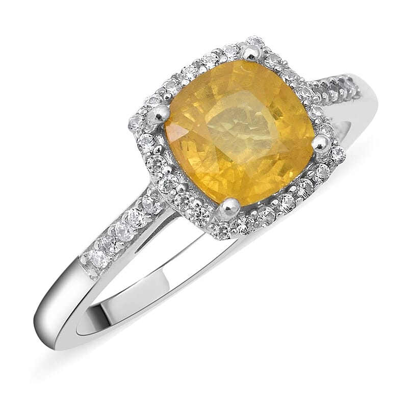 Premium Madagascar Yellow Sapphire and White Zircon Halo Ring in Platinum Over Sterling Silver (Size 10.0) 2.00 ctw