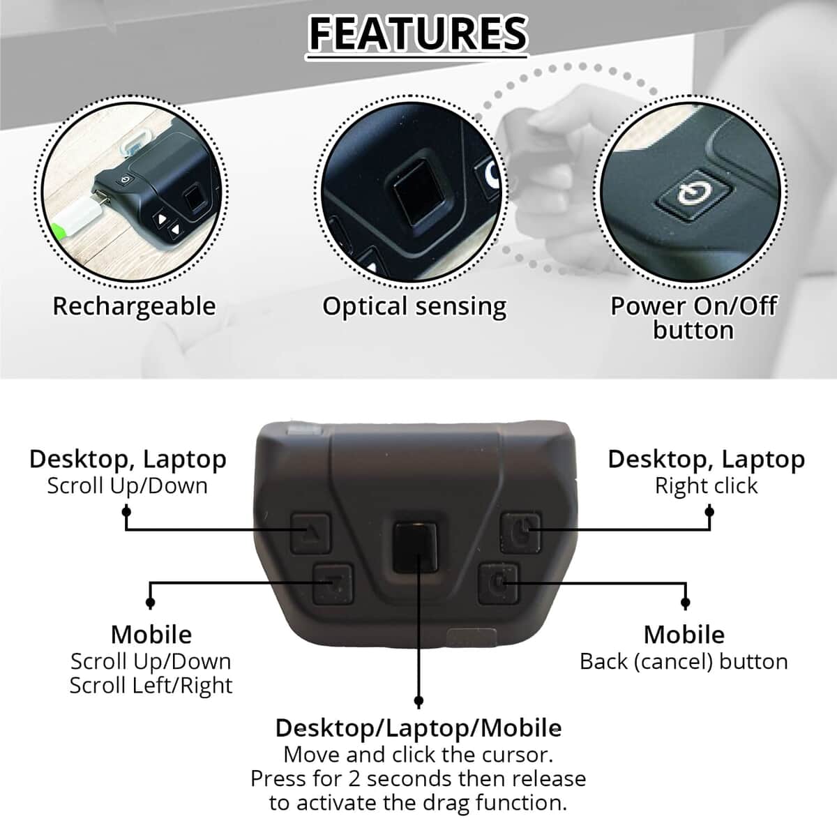 Wearable Wireless Mouse - Compatible with Bluetooth 4.0, Rechargeable, Optical Sensing, Ergonomic Design for Smartphones, Laptops and Desktops (Black Pearl) image number 2