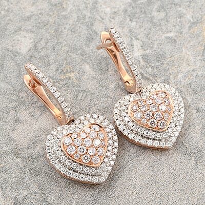 Ankur Treasure Chest 14K Rose and White Gold Natural Pink and White Diamond SI1 Dangle Heart Earrings 6.20 Grams 1.25 ctw