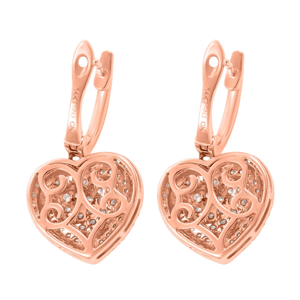 Ankur Treasure Chest 14K Rose and White Gold Natural Pink and White Diamond SI1 Dangle Heart Earrings 6.20 Grams 1.25 ctw image number 4