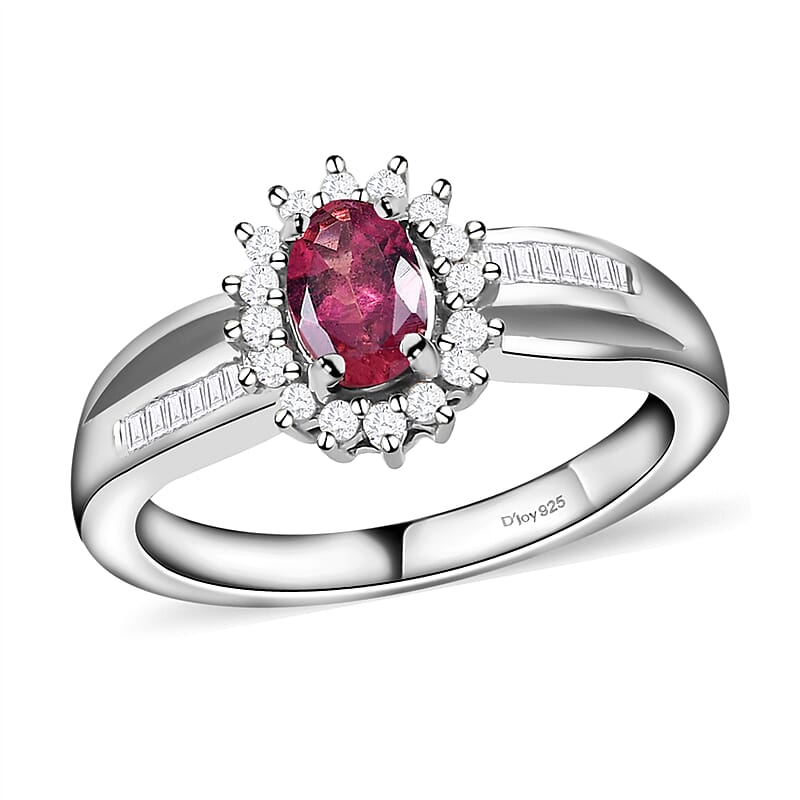 Premium Ouro Fino Rubellite and Diamond Sunburst Ring in Platinum Over Sterling Silver (Size 10.0) 0.65 ctw