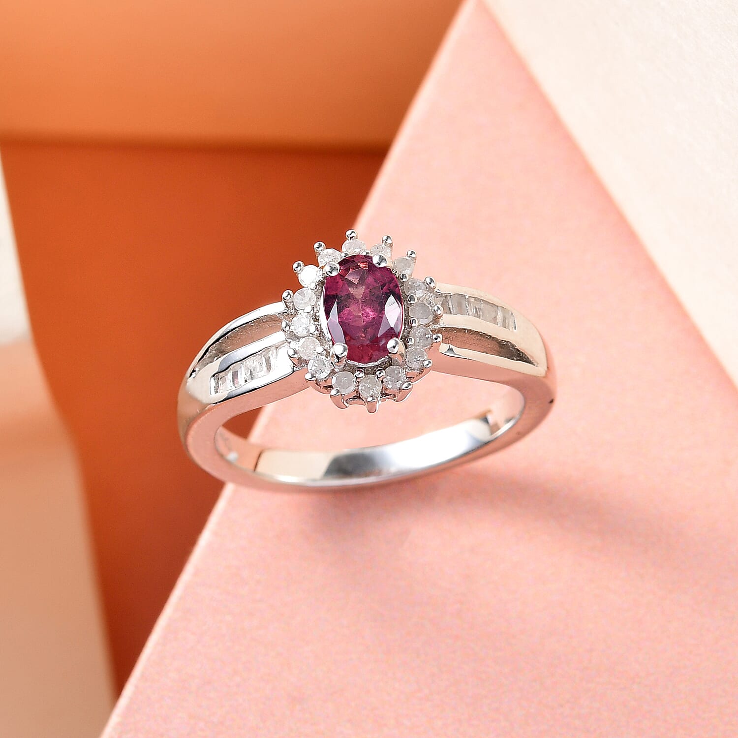 Premium Ouro Fino Rubellite and Diamond Sunburst Ring in Platinum Over Sterling Silver (Size 10.0) 0.65 ctw