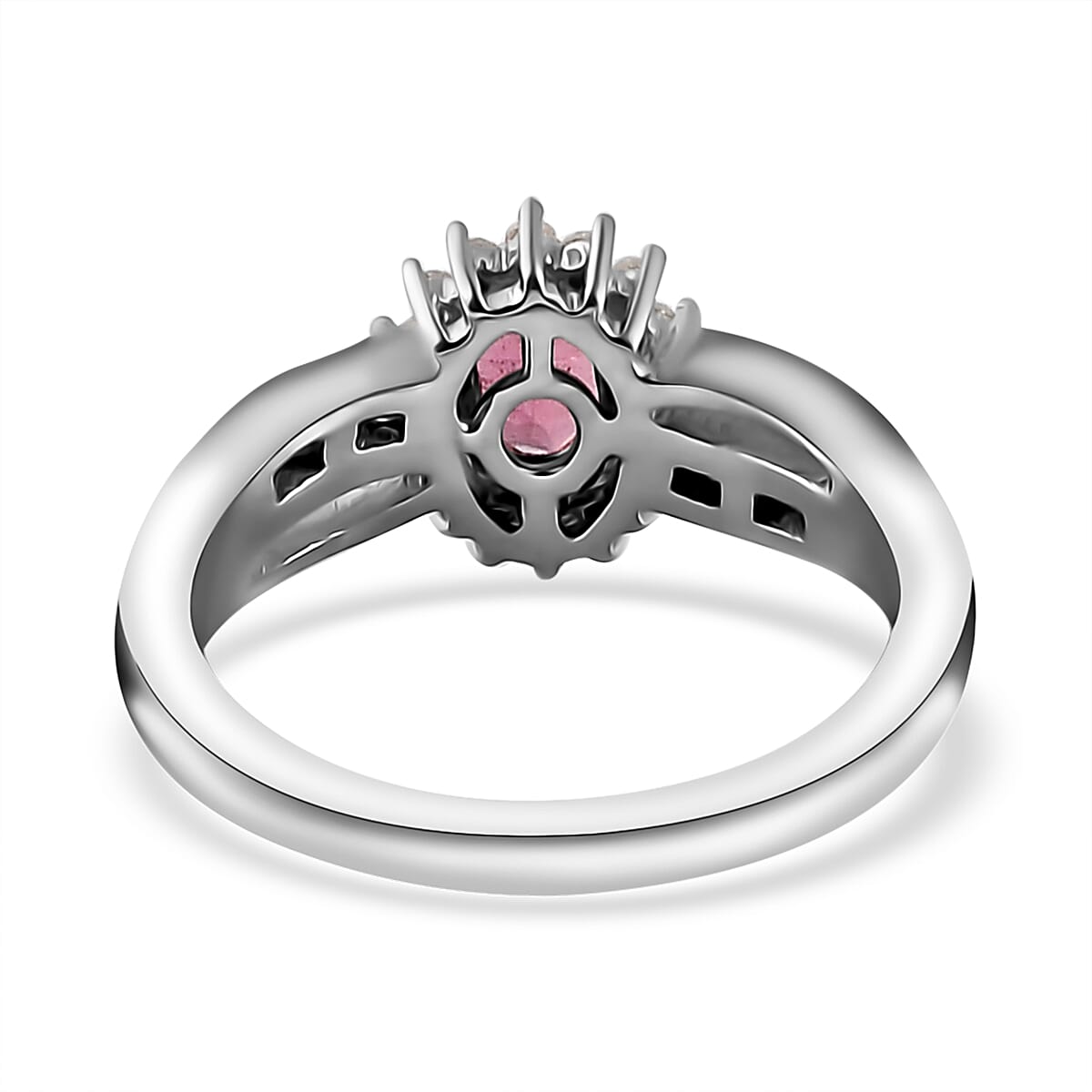 Premium Ouro Fino Rubellite and Diamond Sunburst Ring in Platinum Over Sterling Silver (Size 10.0) 0.65 ctw