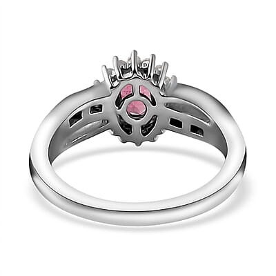 Premium Ouro Fino Rubellite and Diamond Sunburst Ring in Platinum Over Sterling Silver (Size 10.0) 0.65 ctw