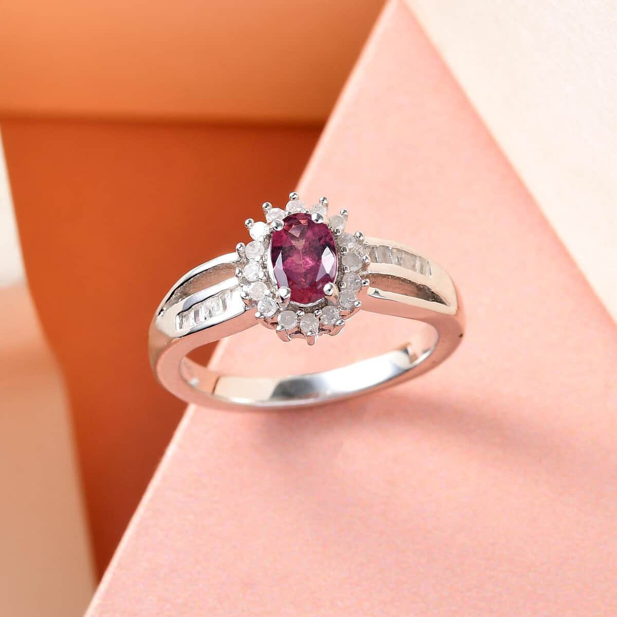 Premium Ouro Fino Rubellite and Diamond Sunburst Ring in Platinum Over Sterling Silver (Size 5.0) 0.65 ctw image number 1