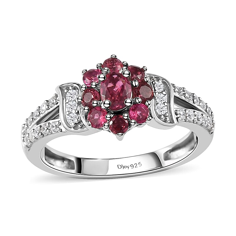 Ouro Fino Rubellite and Natural White Zircon Floral Split Shank Ring in Platinum Over Sterling Silver (Size 10.0) 0.75 ctw