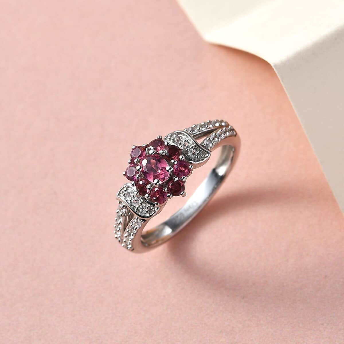 Ouro Fino Rubellite and Natural White Zircon Floral Split Shank Ring in Platinum Over Sterling Silver (Size 10.0) 0.75 ctw image number 1