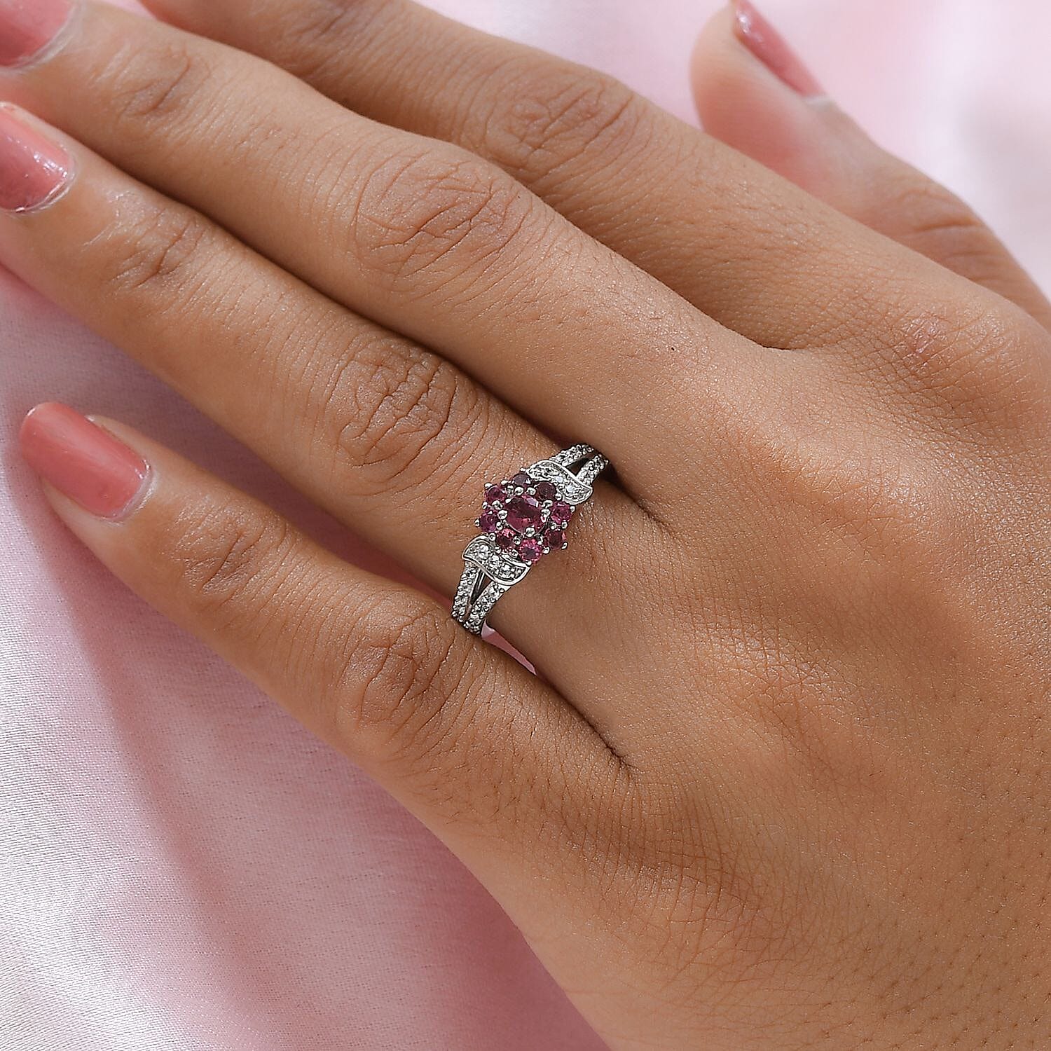 Ouro Fino Rubellite and Natural White Zircon Floral Split Shank Ring in Platinum Over Sterling Silver (Size 10.0) 0.75 ctw