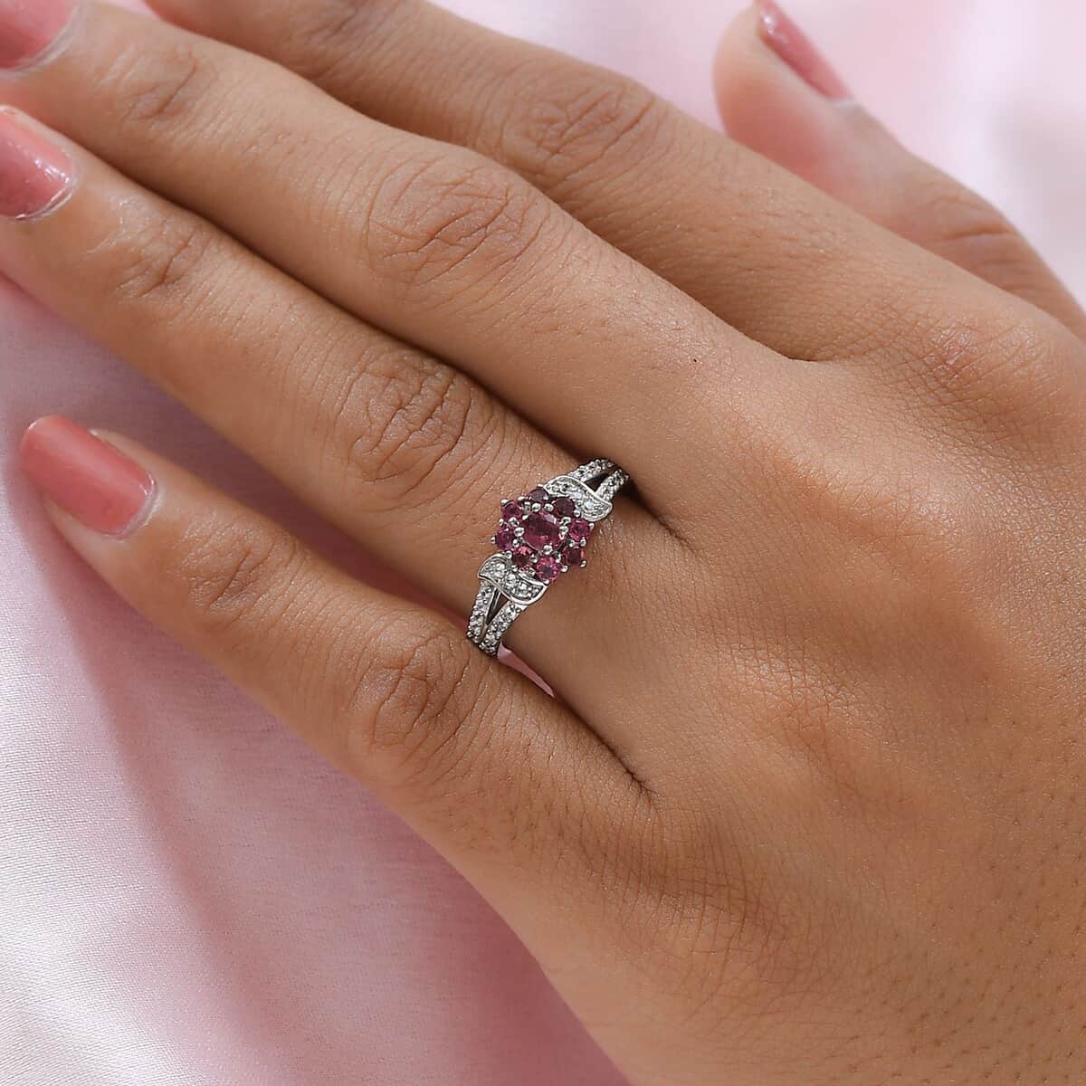 Ouro Fino Rubellite and Natural White Zircon Floral Split Shank Ring in Platinum Over Sterling Silver (Size 10.0) 0.75 ctw image number 2