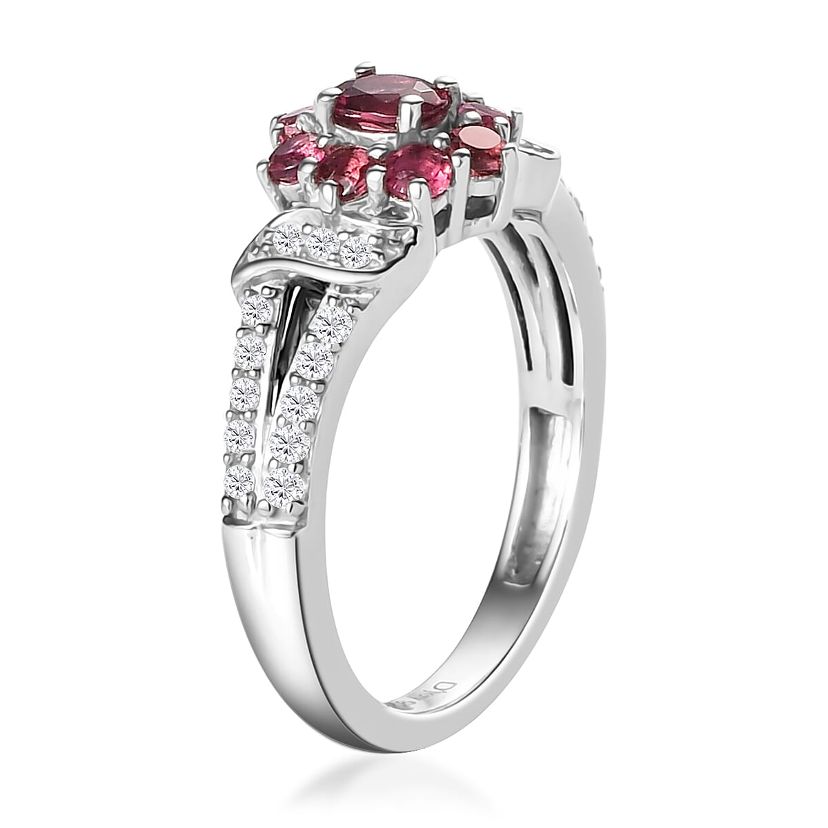 Ouro Fino Rubellite and Natural White Zircon Floral Split Shank Ring in Platinum Over Sterling Silver (Size 10.0) 0.75 ctw