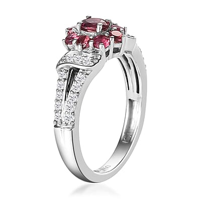 Ouro Fino Rubellite and Natural White Zircon Floral Split Shank Ring in Platinum Over Sterling Silver (Size 10.0) 0.75 ctw