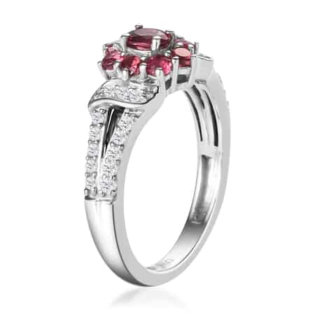 Ouro Fino Rubellite and Natural White Zircon Floral Split Shank Ring in Platinum Over Sterling Silver (Size 10.0) 0.75 ctw image number 3